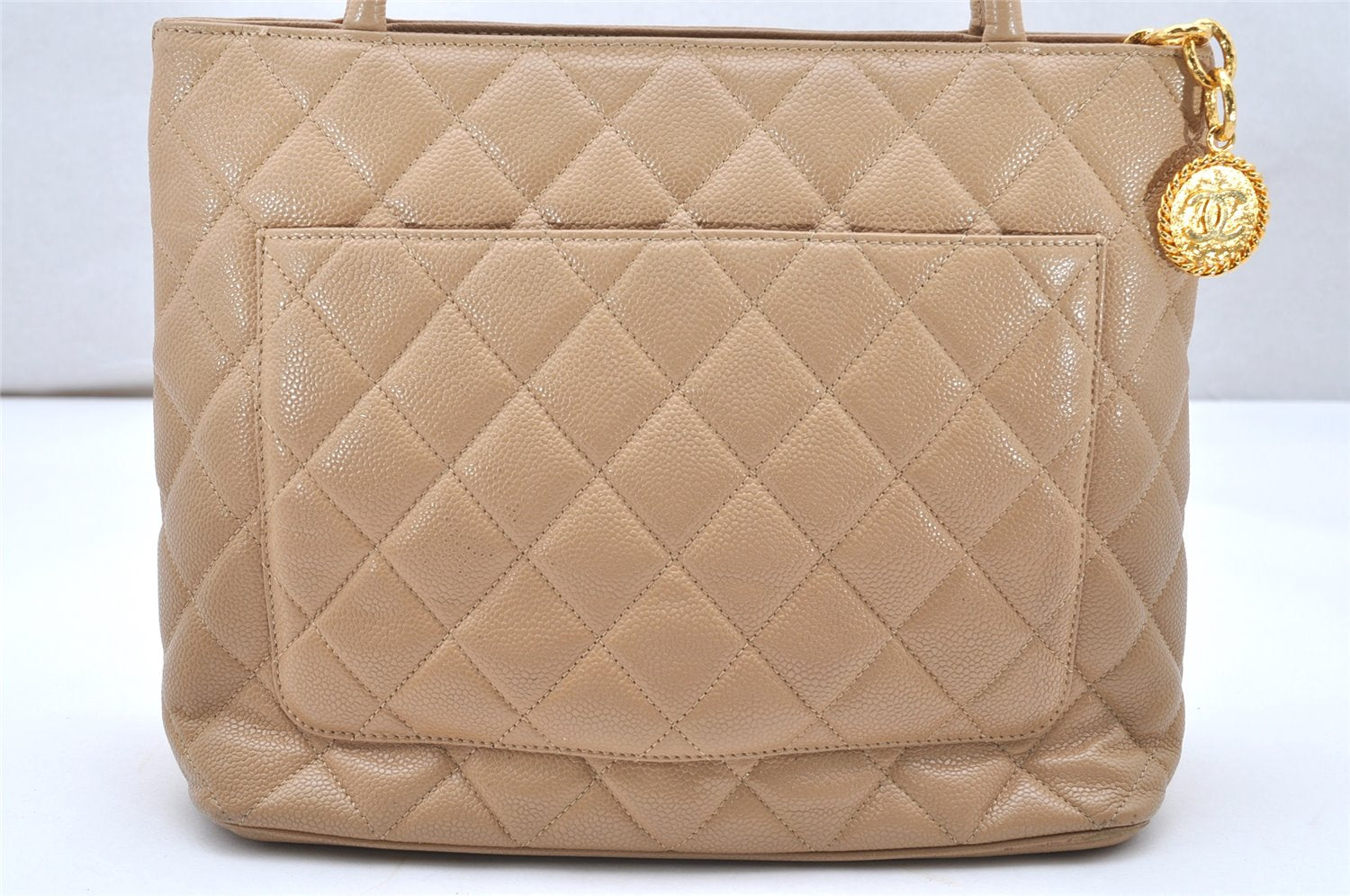 Authentic CHANEL Caviar Skin Medallion CC Logo Shoulder Tote Bag Beige 3631K