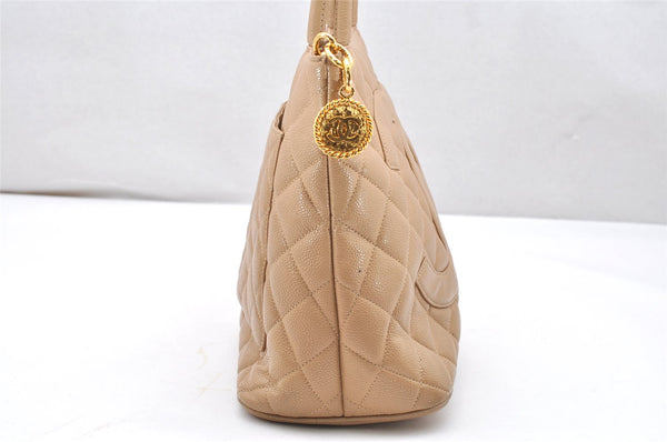 Authentic CHANEL Caviar Skin Medallion CC Logo Shoulder Tote Bag Beige 3631K
