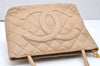 Authentic CHANEL Caviar Skin Medallion CC Logo Shoulder Tote Bag Beige 3631K