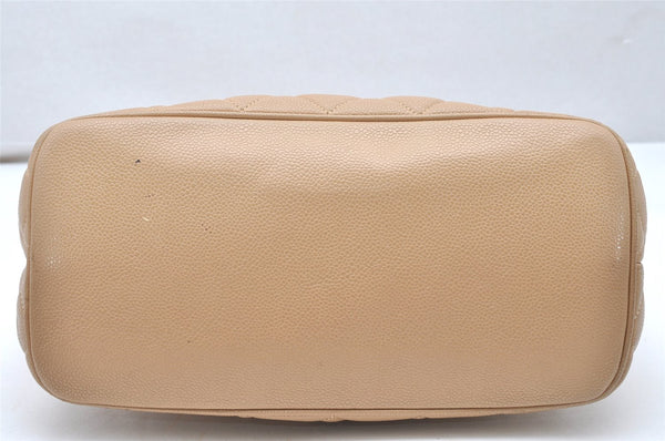 Authentic CHANEL Caviar Skin Medallion CC Logo Shoulder Tote Bag Beige 3631K