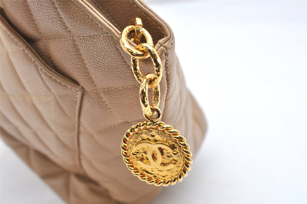 Authentic CHANEL Caviar Skin Medallion CC Logo Shoulder Tote Bag Beige 3631K