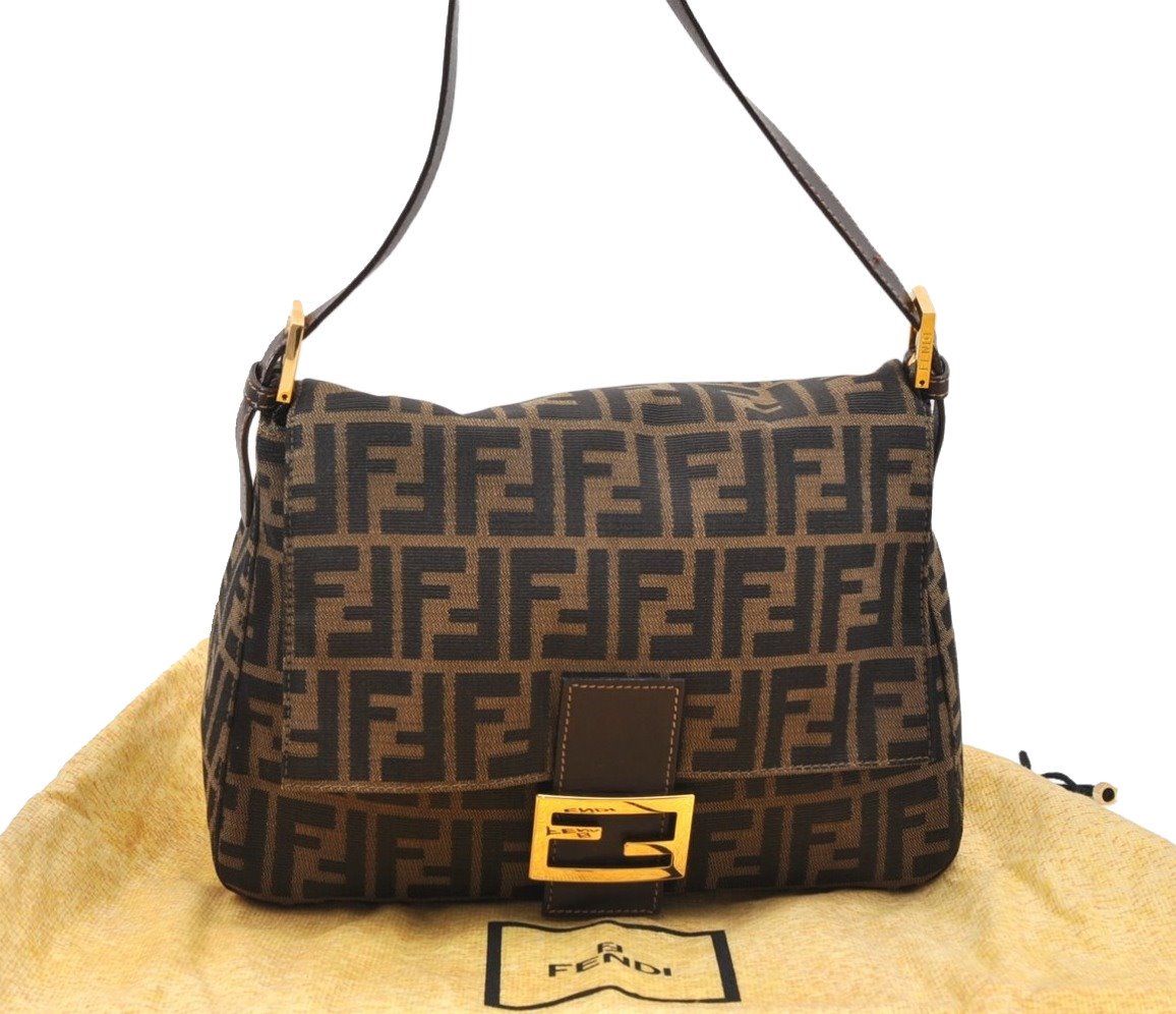 Authentic FENDI Zucca Mamma Baguette Shoulder Bag Canvas Leather Brown 3641K