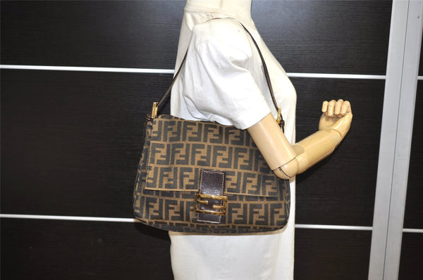 Authentic FENDI Zucca Mamma Baguette Shoulder Bag Canvas Leather Brown 3641K