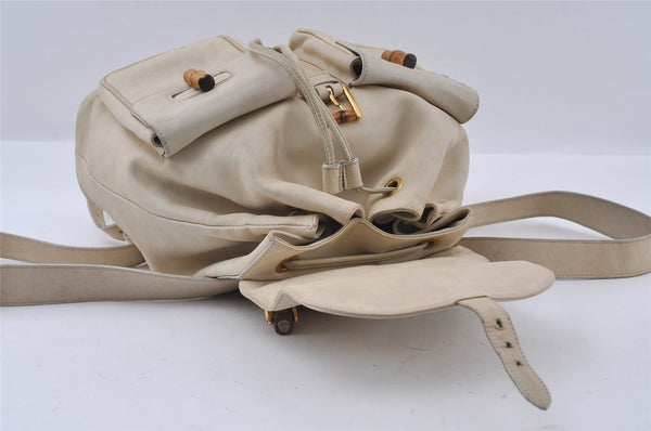 Authentic GUCCI Bamboo Drawstring Backpack Leather White 3647I