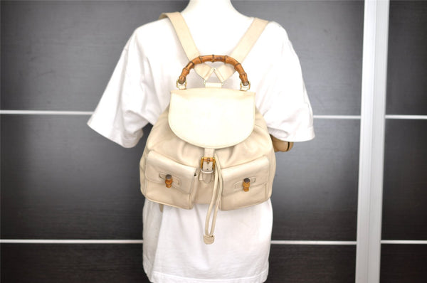 Authentic GUCCI Bamboo Drawstring Backpack Leather White 3647I