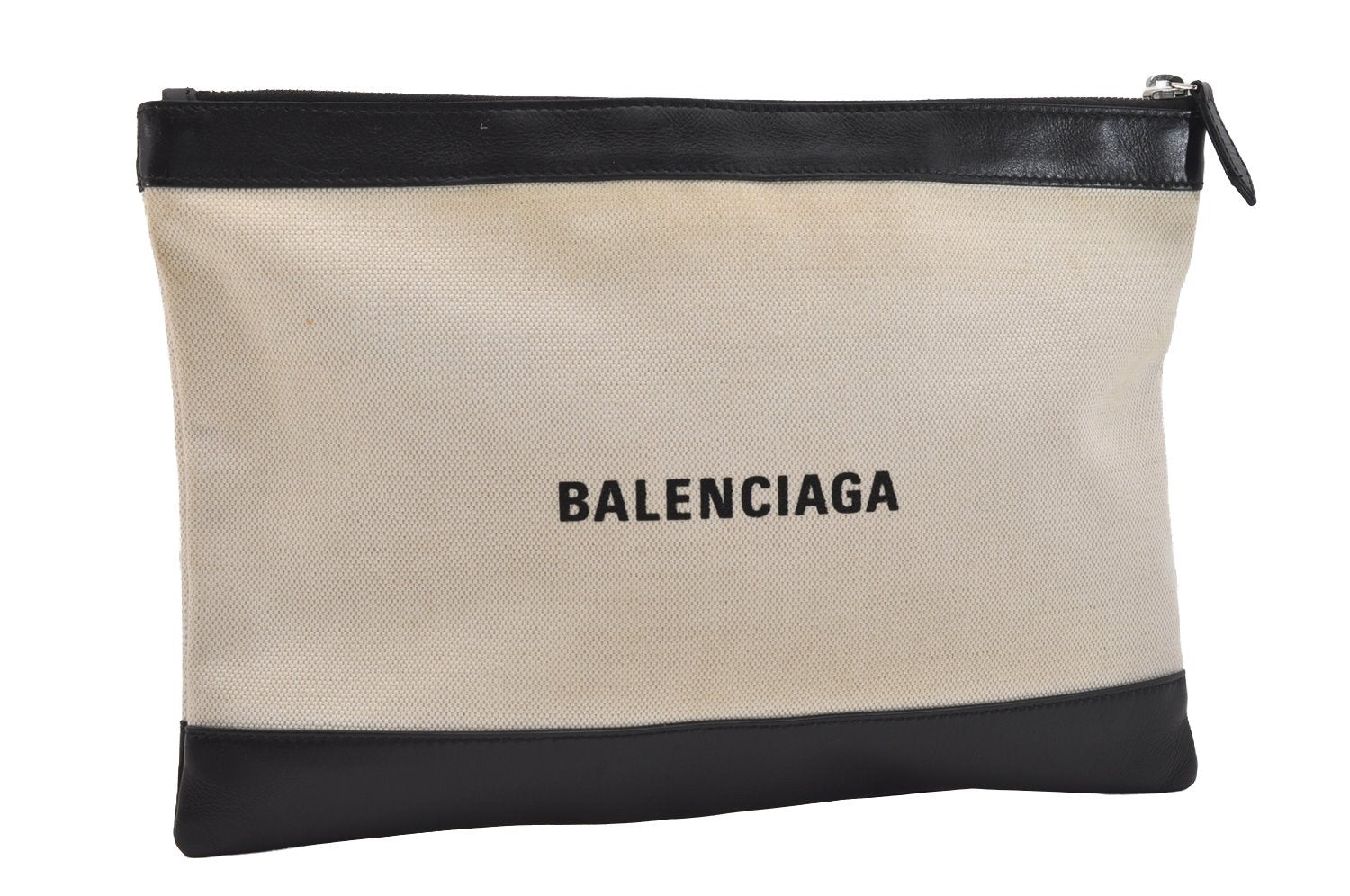 Authentic BALENCIAGA Navy Clip M Clutch Bag Canvas Calf Skin 373834 White 3658J