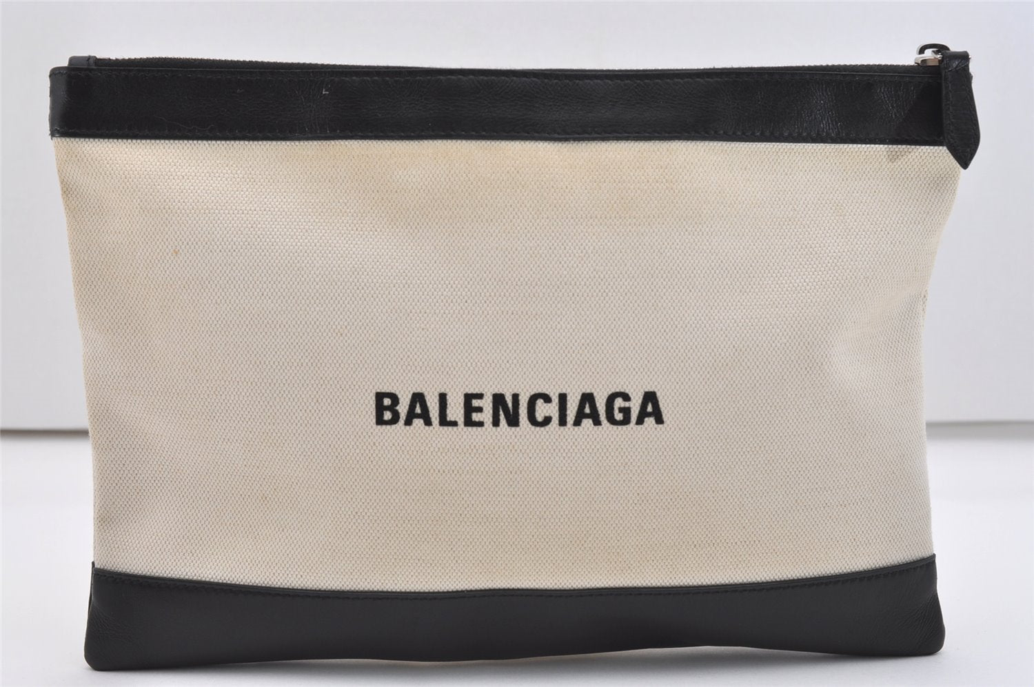 Authentic BALENCIAGA Navy Clip M Clutch Bag Canvas Calf Skin 373834 White 3658J