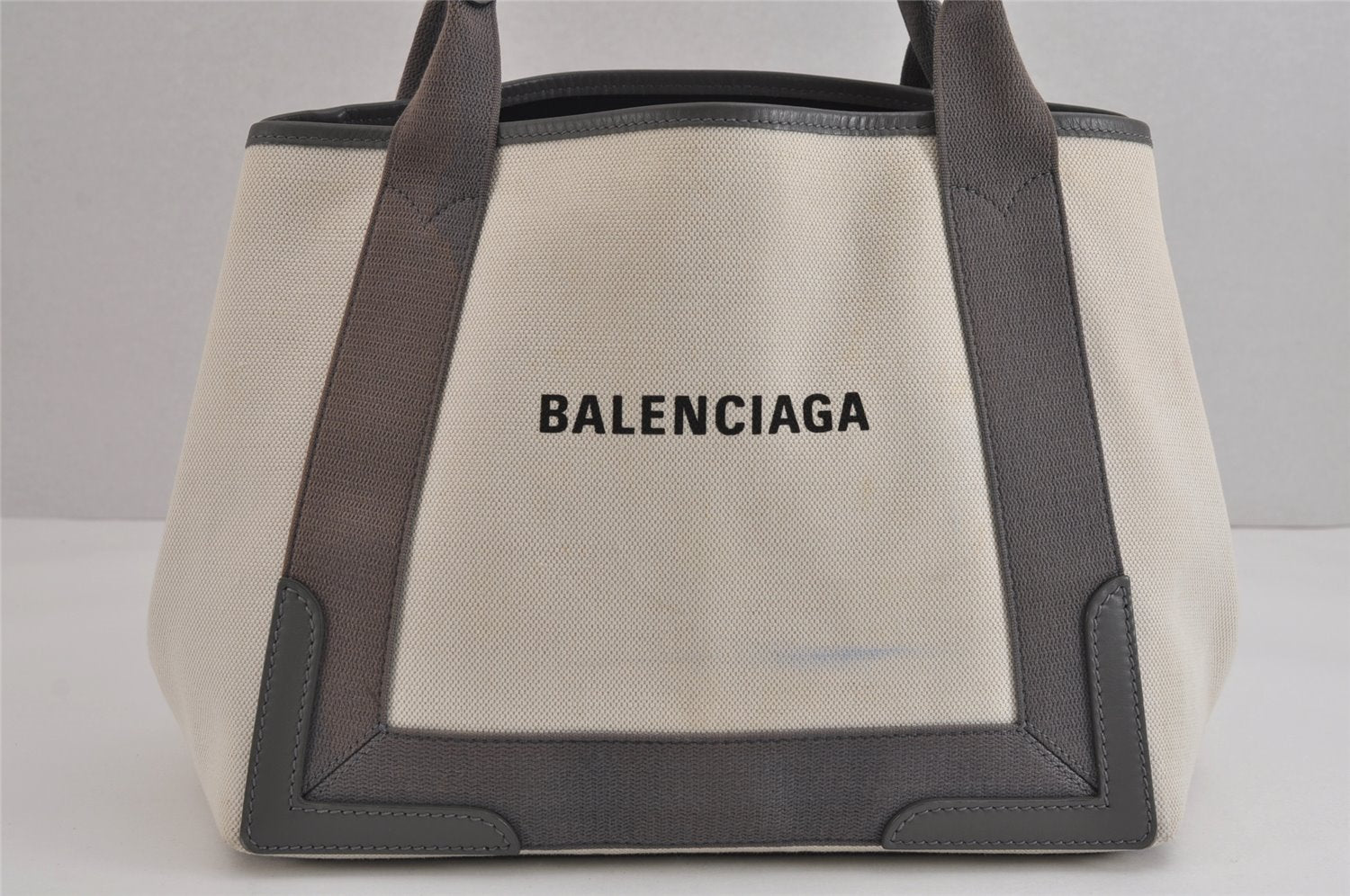 Authentic BALENCIAGA Navy Caba S Hand Bag Canvas Leather 339933 White 3659J