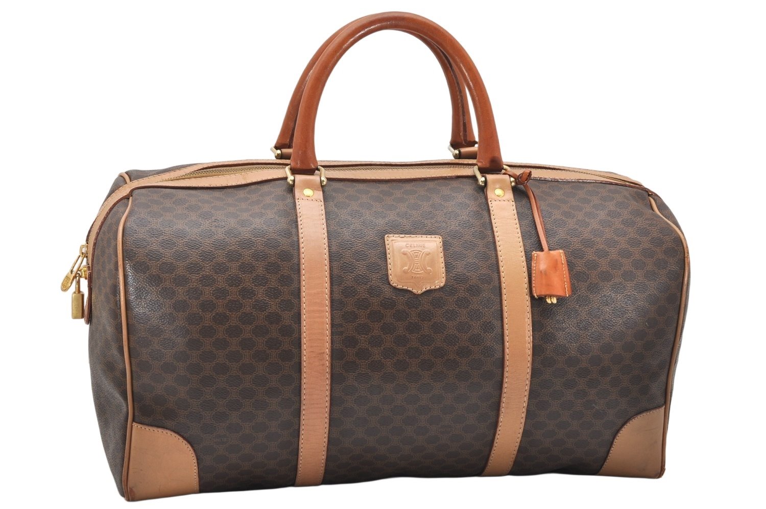 Authentic CELINE Macadam Blason Pattern Boston Hand Bag PVC Leather Brown 3660K