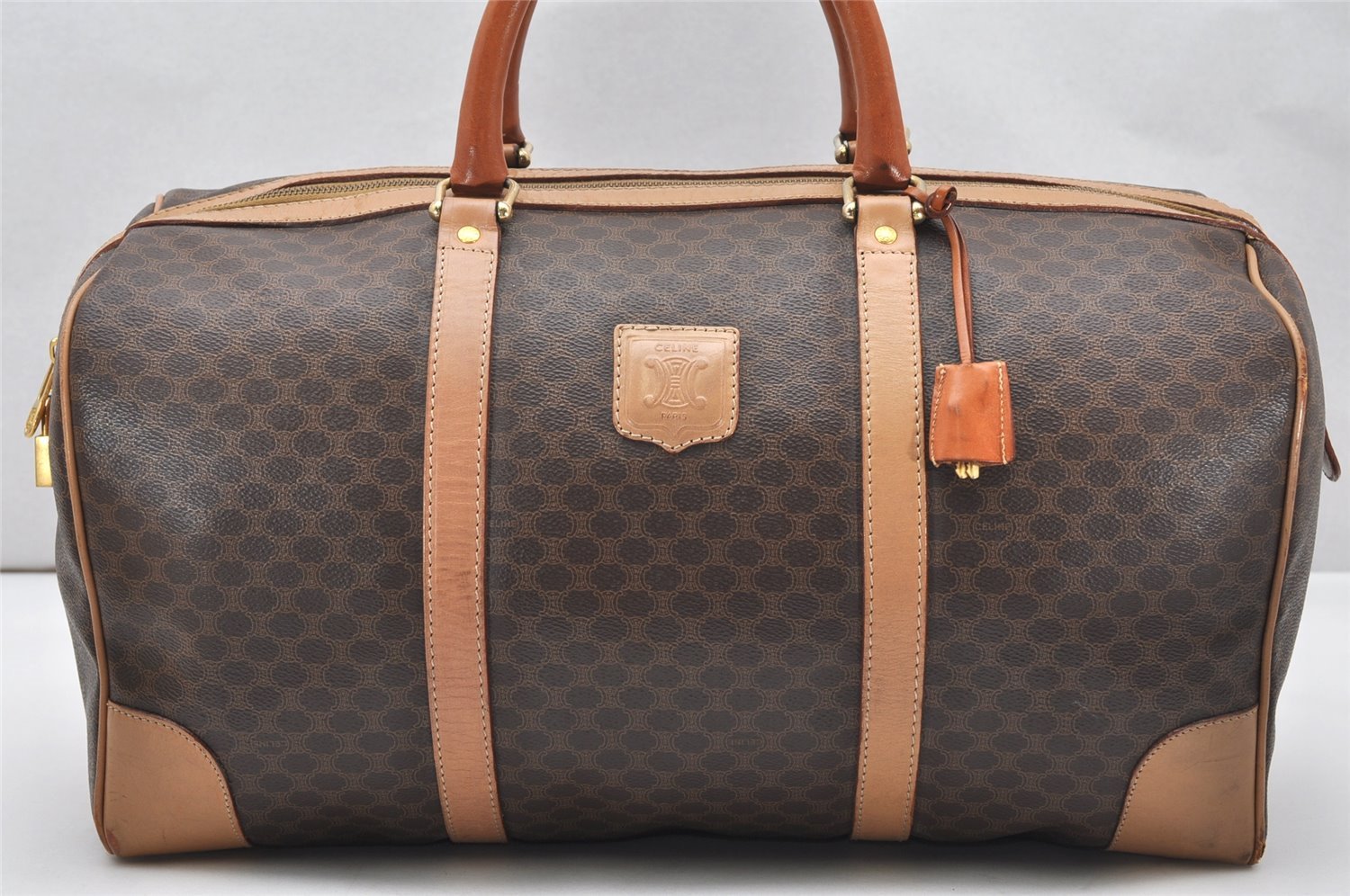 Authentic CELINE Macadam Blason Pattern Boston Hand Bag PVC Leather Brown 3660K