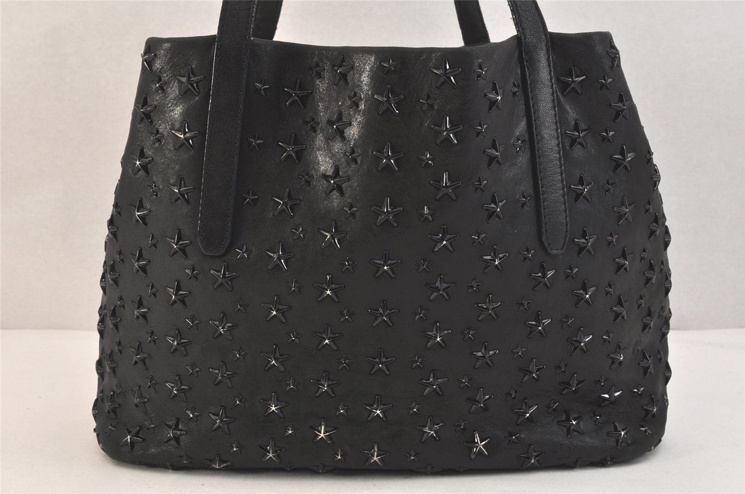 Authentic JIMMY CHOO Vintage Star Studs Leather Shoulder Tote Bag Black 3661K