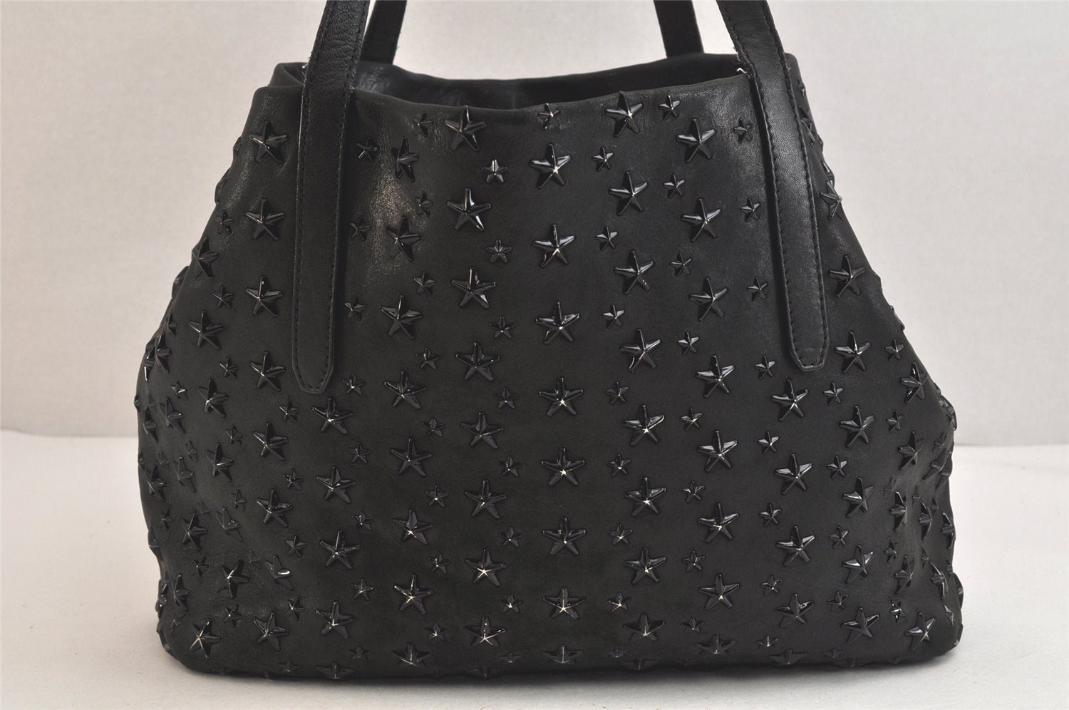 Authentic JIMMY CHOO Vintage Star Studs Leather Shoulder Tote Bag Black 3661K