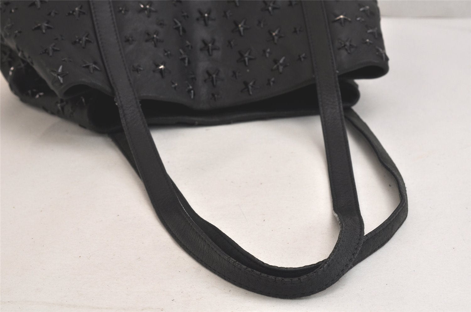 Authentic JIMMY CHOO Vintage Star Studs Leather Shoulder Tote Bag Black 3661K