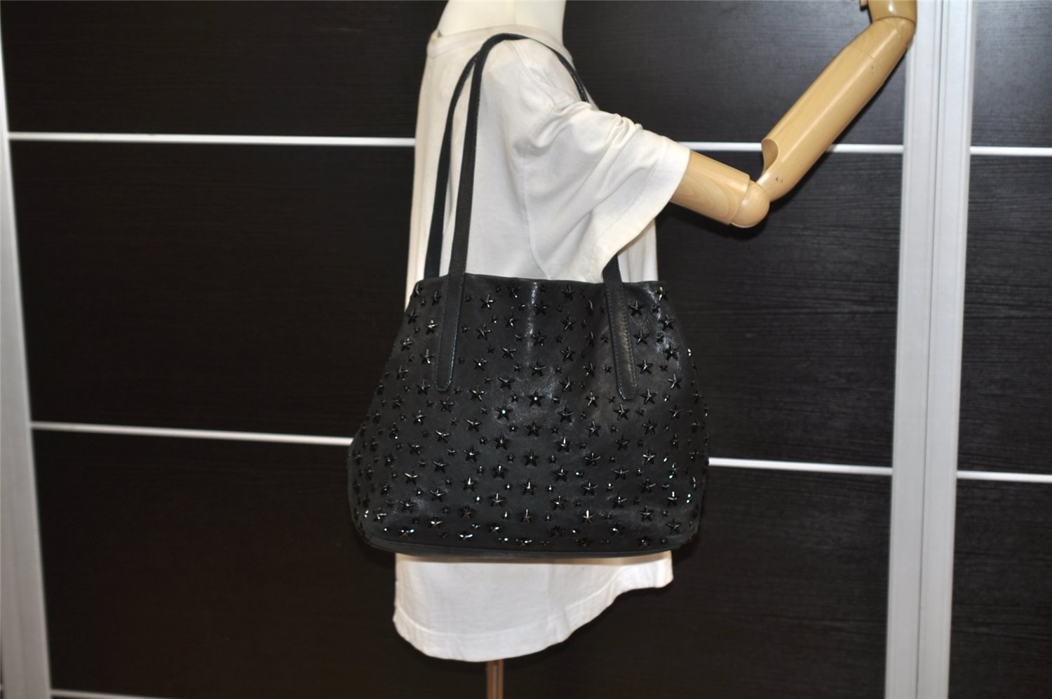 Authentic JIMMY CHOO Vintage Star Studs Leather Shoulder Tote Bag Black 3661K