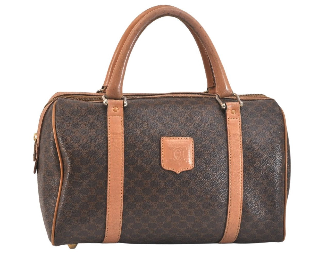 Authentic CELINE Macadam Blason Pattern Hand Boston Bag PVC Leather Brown 3663K