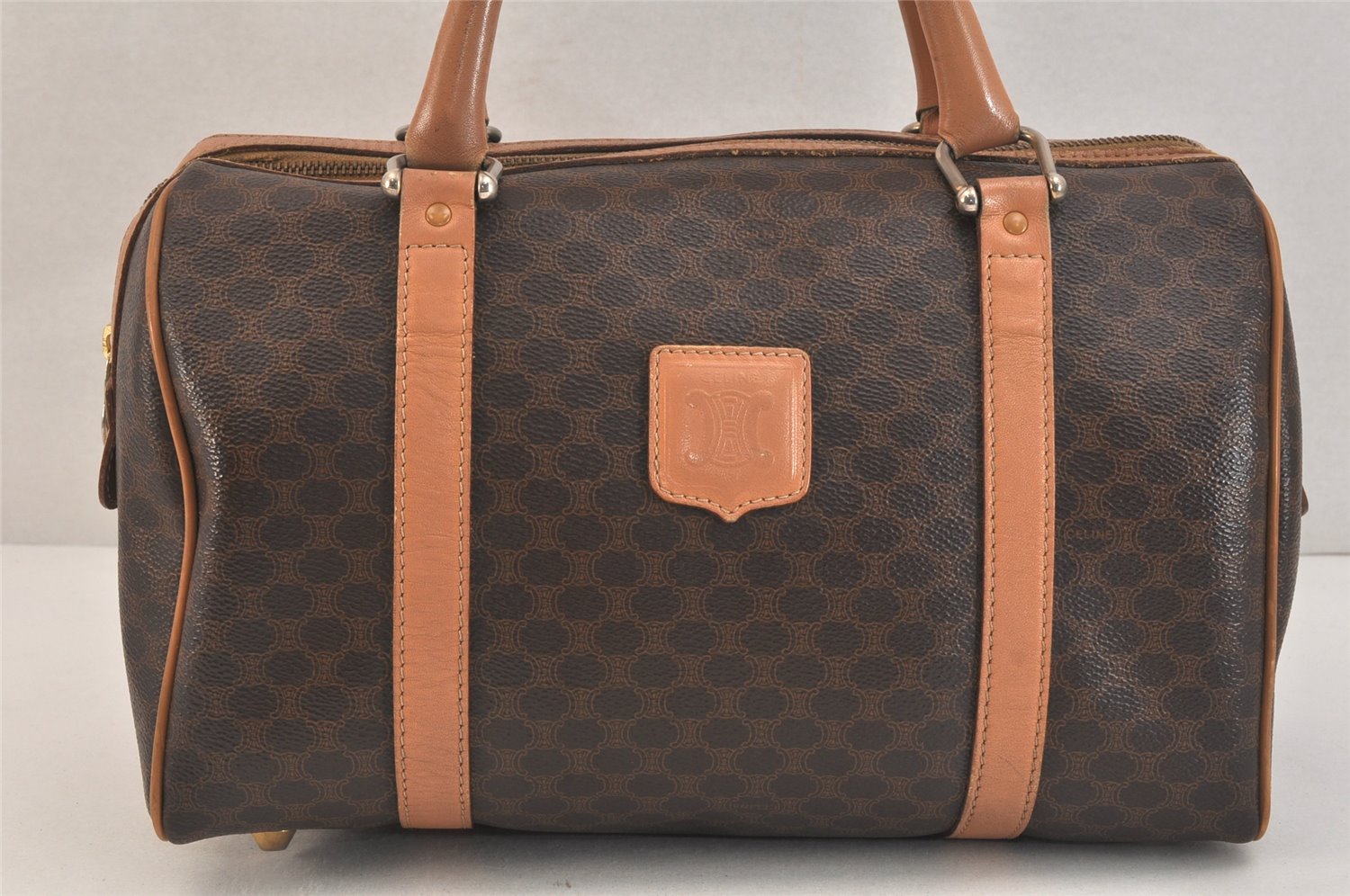 Authentic CELINE Macadam Blason Pattern Hand Boston Bag PVC Leather Brown 3663K