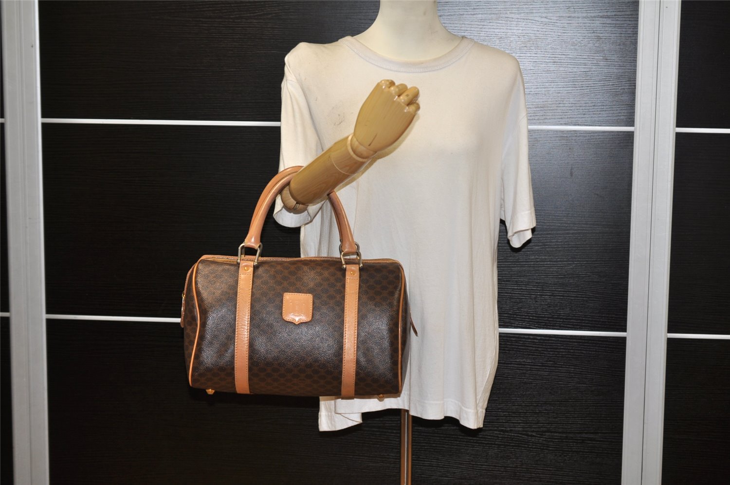 Authentic CELINE Macadam Blason Pattern Hand Boston Bag PVC Leather Brown 3663K