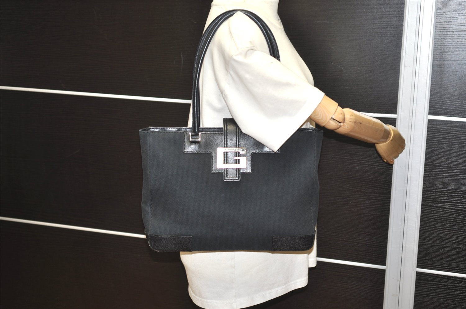 Authentic GUCCI Vintage Shoulder Tote Bag Canvas Leather 0021109 Black 3665I