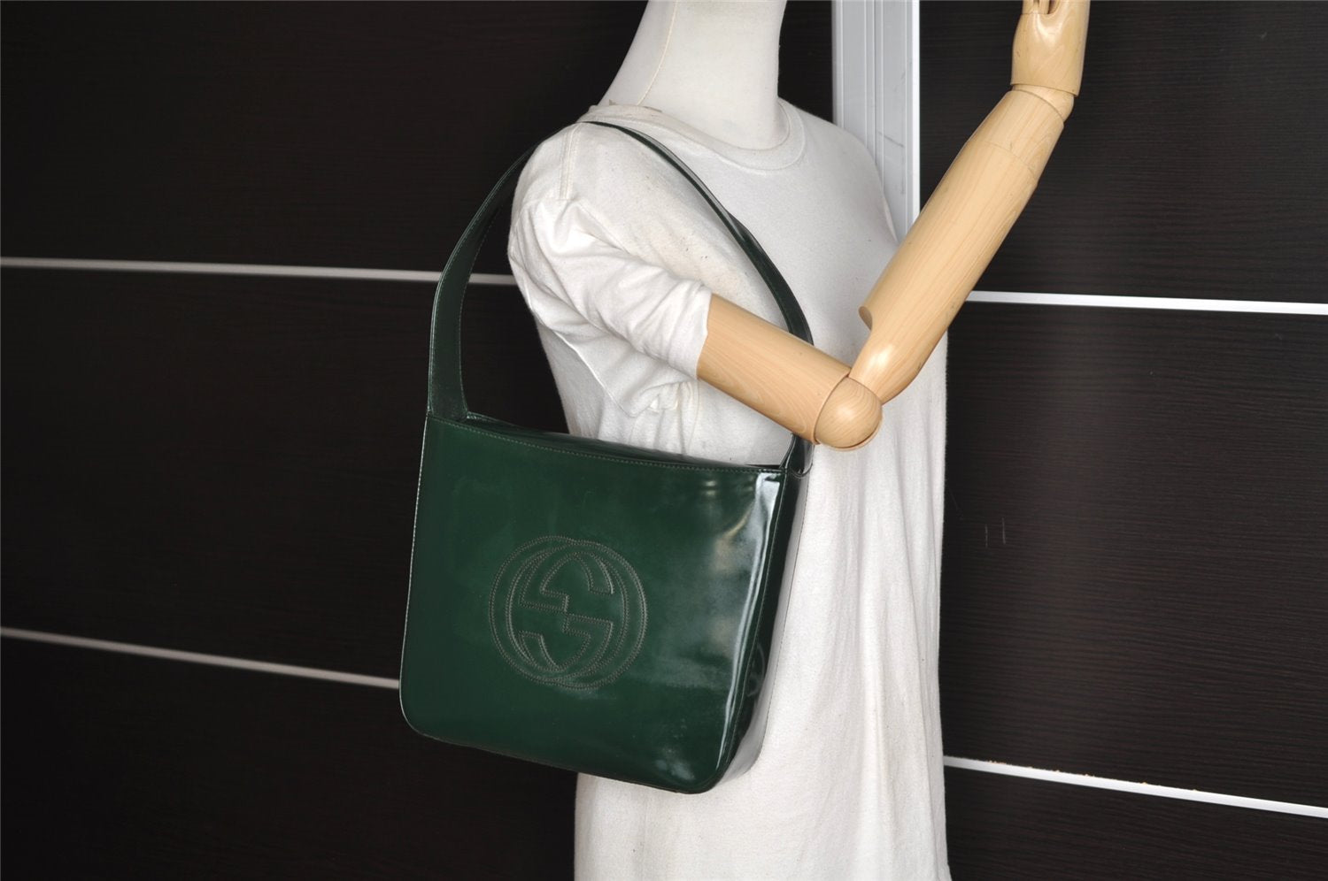 Authentic GUCCI Vintage Shoulder Hand Bag Purse Enamel Green Junk 3667J