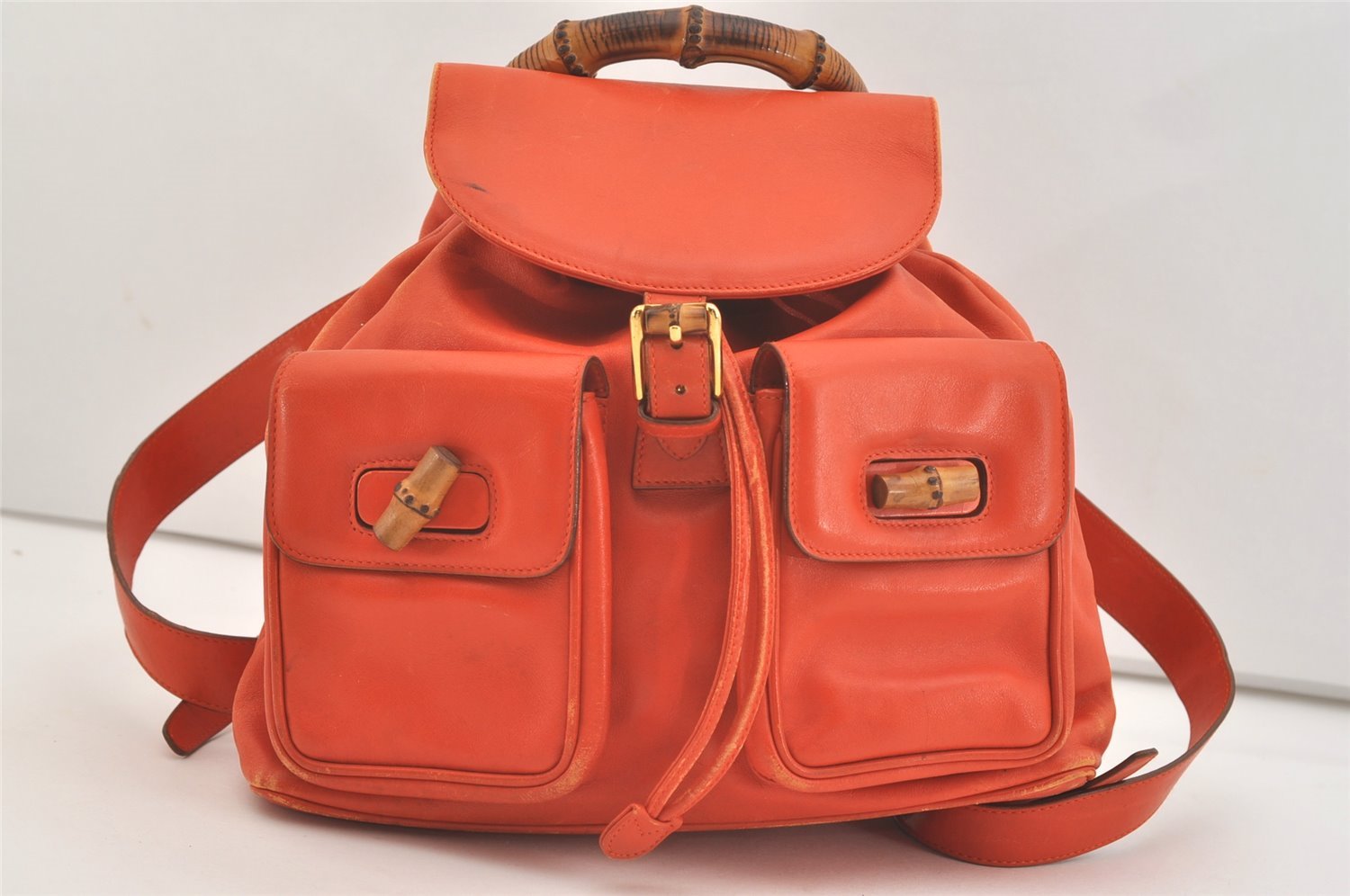 Authentic GUCCI Vintage Bamboo Drawstring Backpack Leather Orange 3669J