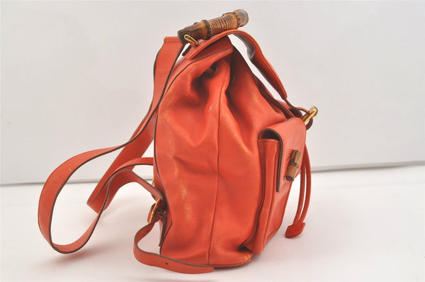 Authentic GUCCI Vintage Bamboo Drawstring Backpack Leather Orange 3669J
