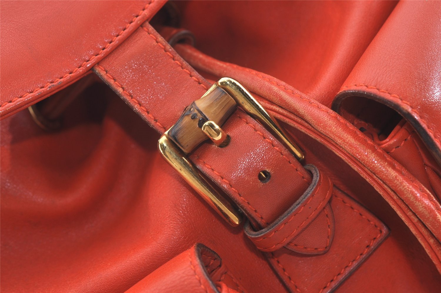 Authentic GUCCI Vintage Bamboo Drawstring Backpack Leather Orange 3669J