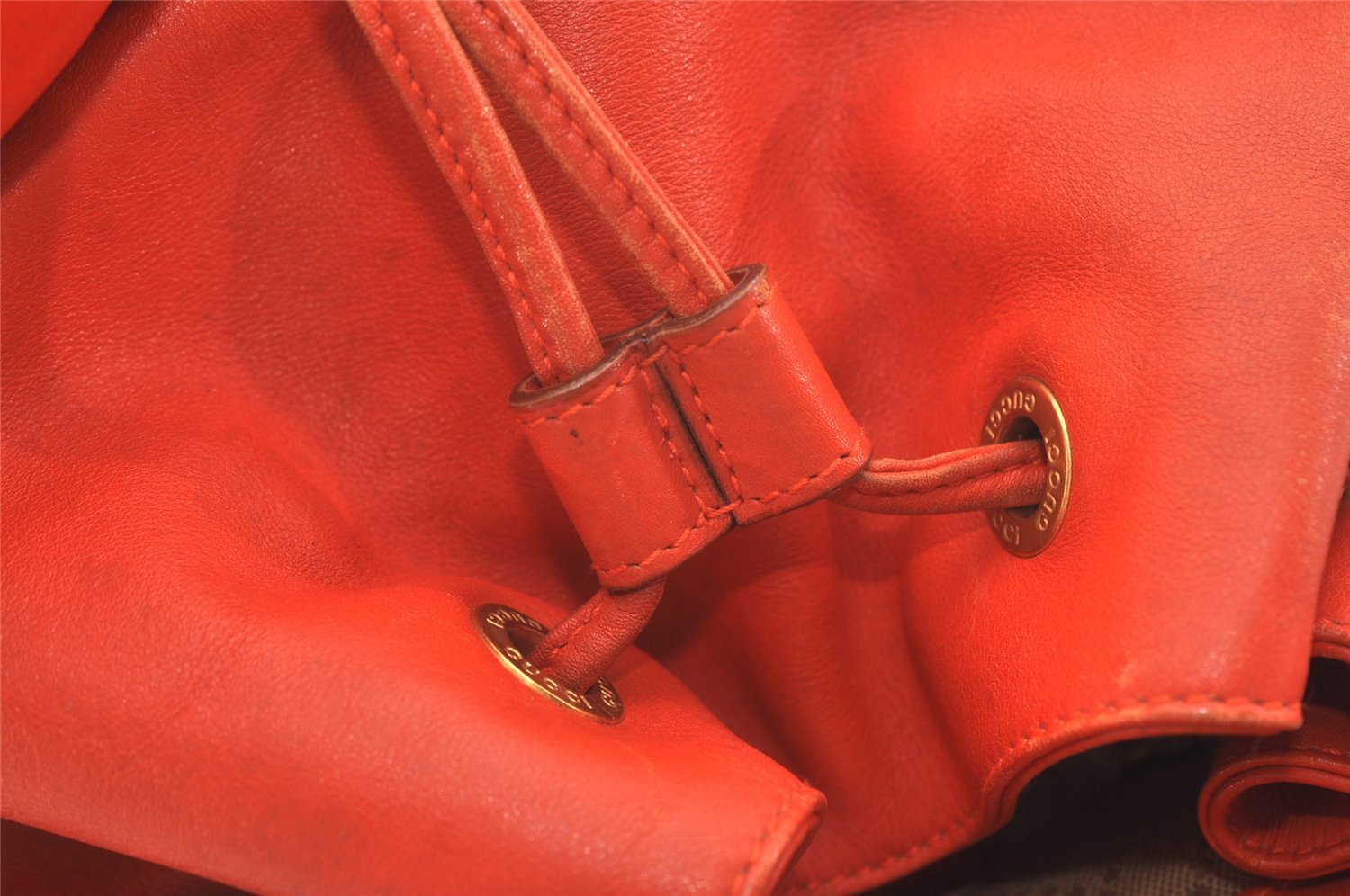 Authentic GUCCI Vintage Bamboo Drawstring Backpack Leather Orange 3669J