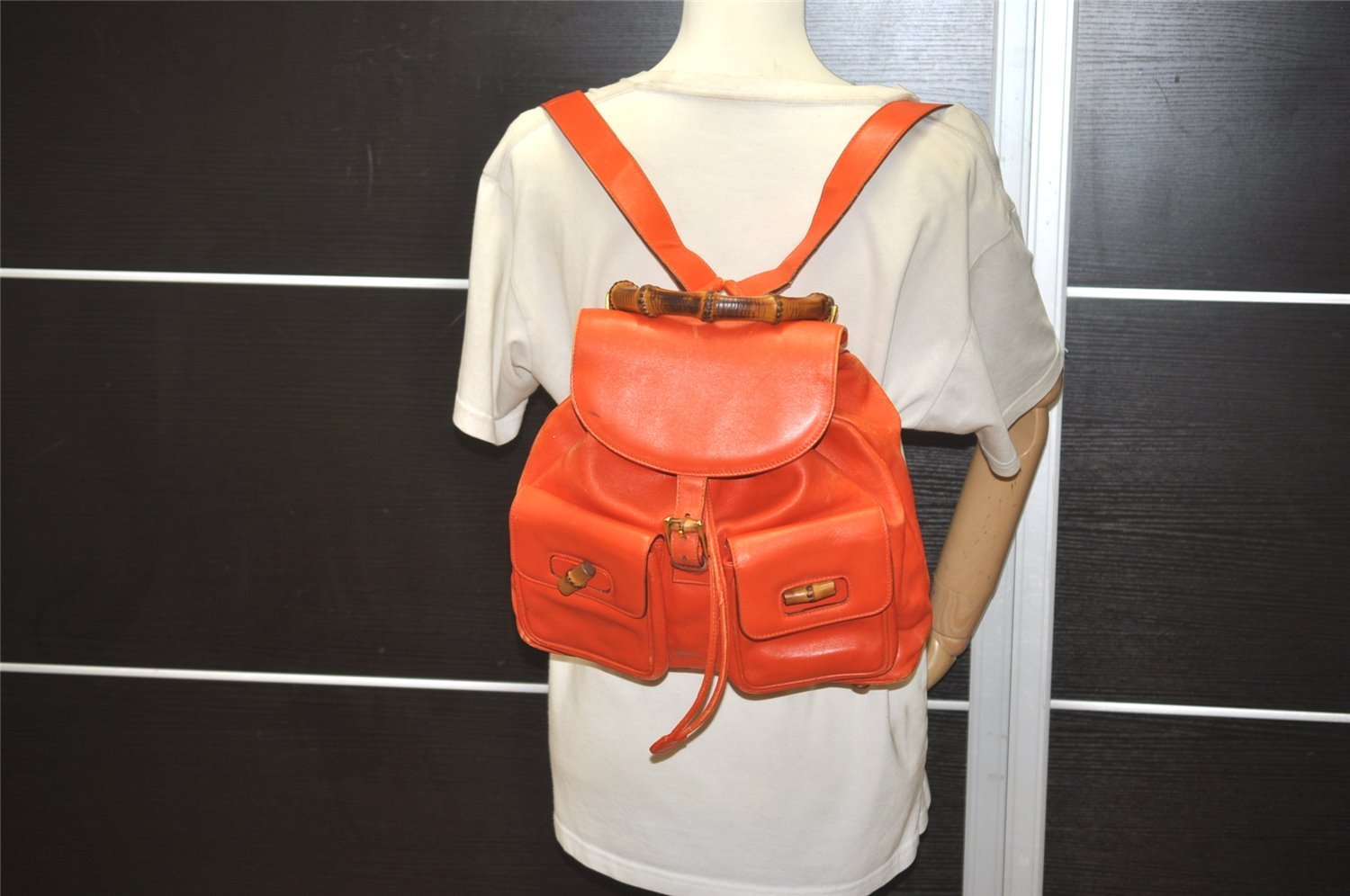 Authentic GUCCI Vintage Bamboo Drawstring Backpack Leather Orange 3669J