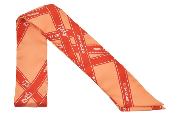 Authentic HERMES Twilly Scarf Silk "Bolduc Ribbon" Orange Box 3676K