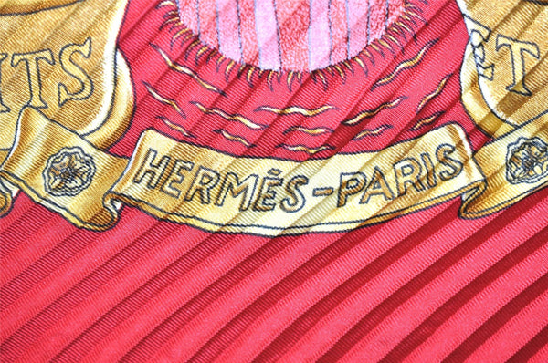 Authentic HERMES Pleats Scarf "EUROPE" Silk Red Box 3681K