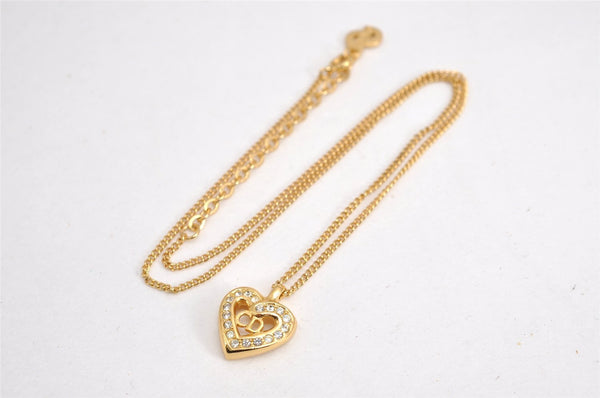 Authentic Christian Dior Heart Gold Tone Chain Necklace Earrings 2Set Box 3682J