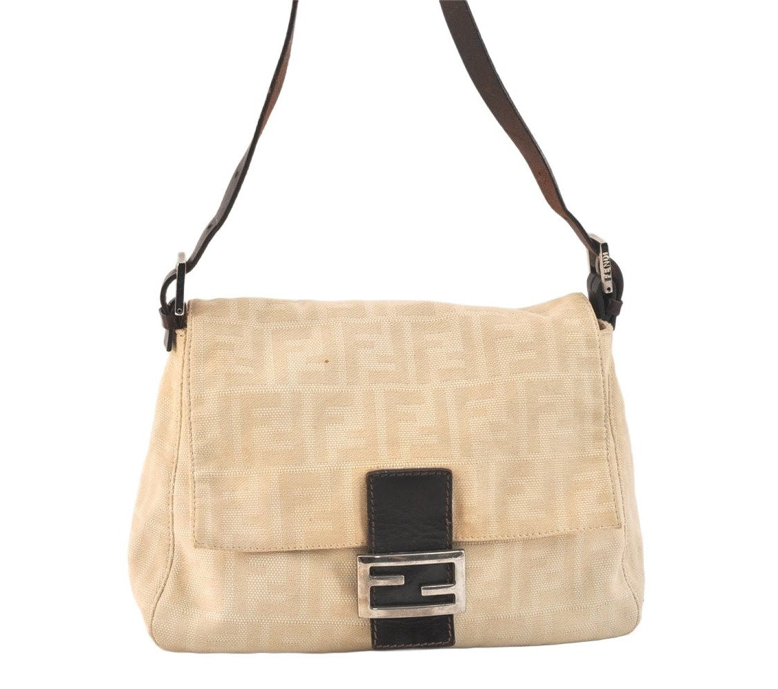 Authentic FENDI Zucca Mamma Baguette Shoulder Bag Canvas Leather Beige 3685K