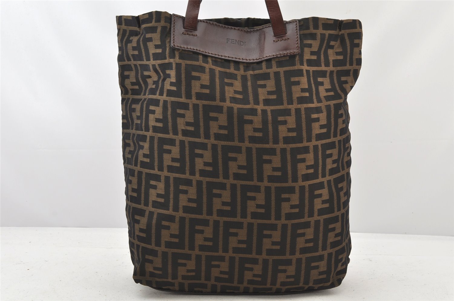 Authentic FENDI Zucca Vintage Folding Tote Hand Bag Nylon Leather Brown 3689K