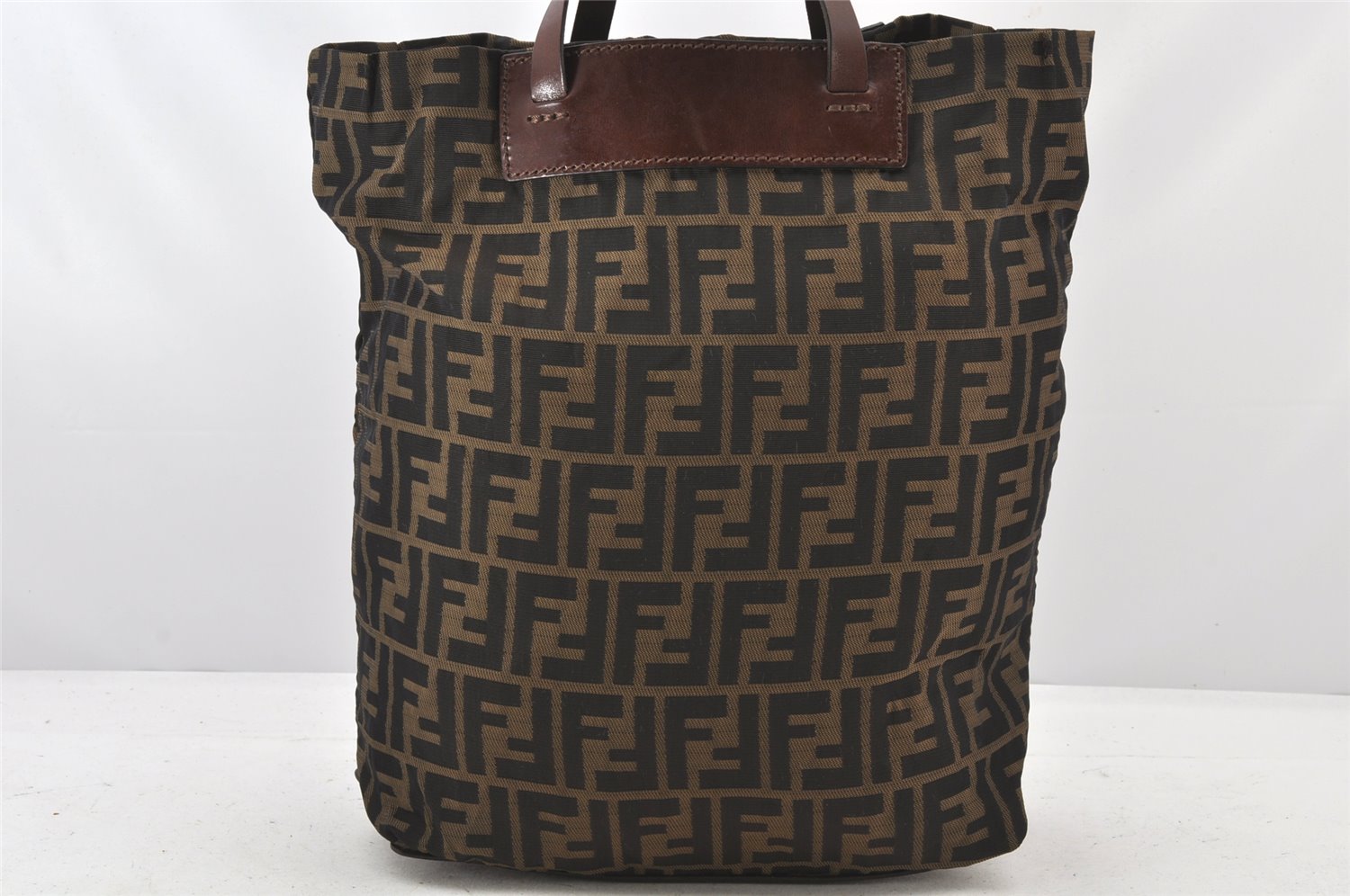 Authentic FENDI Zucca Vintage Folding Tote Hand Bag Nylon Leather Brown 3689K