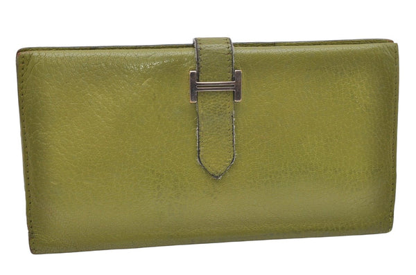 Authentic HERMES Bearn Classic Leather Long Wallet Purse Light Green 3693K