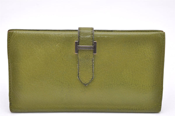 Authentic HERMES Bearn Classic Leather Long Wallet Purse Light Green 3693K