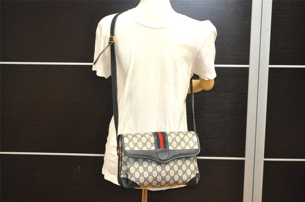 Authentic GUCCI Sherry Line Shoulder Cross Bag GG PVC Leather Navy Blue 3694I