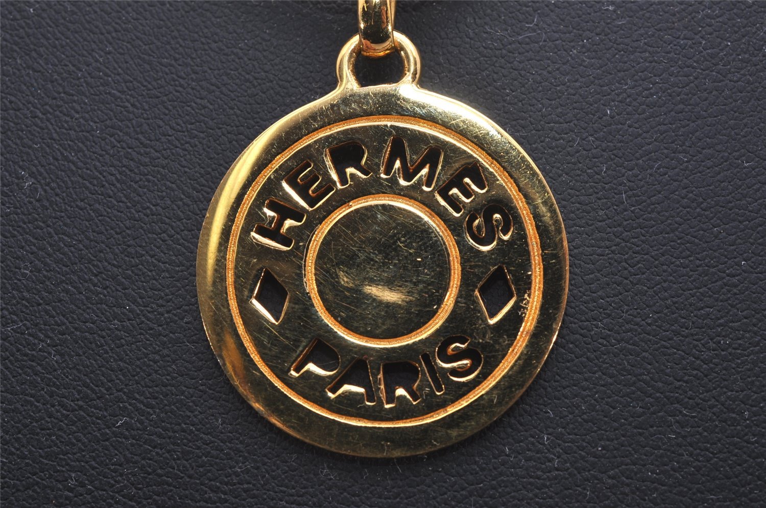 Authentic HERMES Sellier Medallion Gold Tone Pendant Necklace 3694J