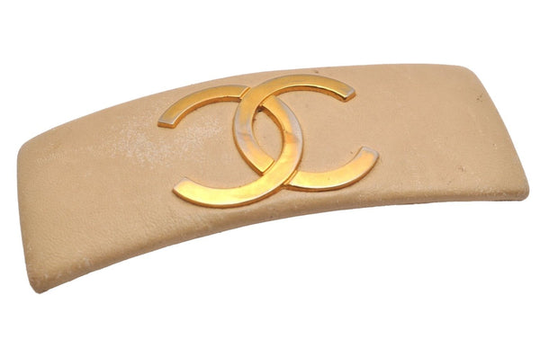 Authentic CHANEL Barrette Hair Accessory CoCo Mark Leather Beige 3709J