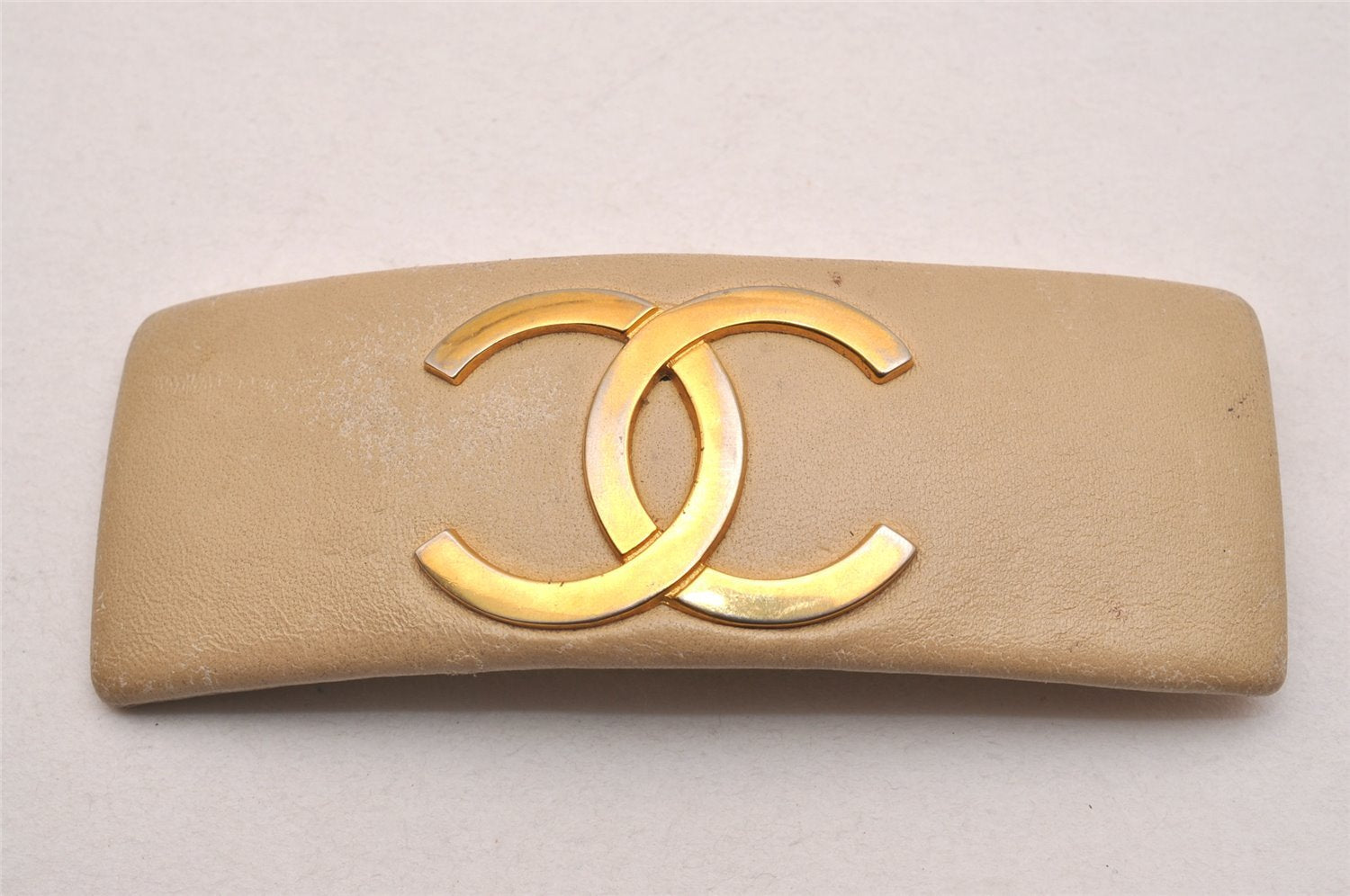 Authentic CHANEL Barrette Hair Accessory CoCo Mark Leather Beige 3709J