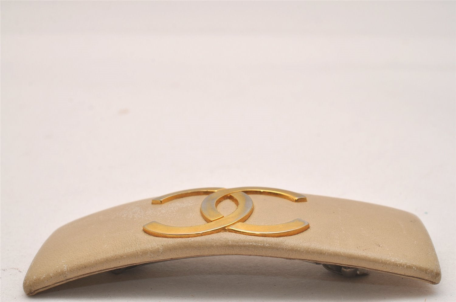 Authentic CHANEL Barrette Hair Accessory CoCo Mark Leather Beige 3709J