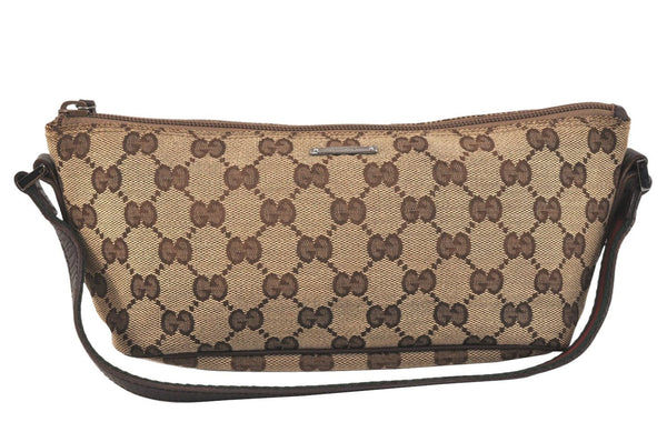 Auth GUCCI Web Sherry Line Hand Bag Pouch GG Canvas Leather 141809 Brown 3709K