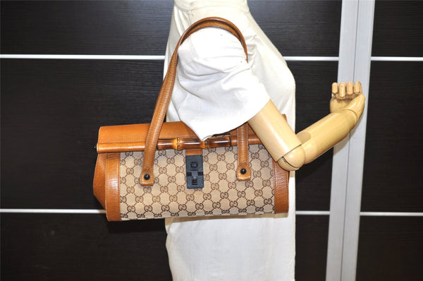 Authentic GUCCI Bamboo Hand Shoulder Bag GG Canvas Leather 111713 Brown 3713K