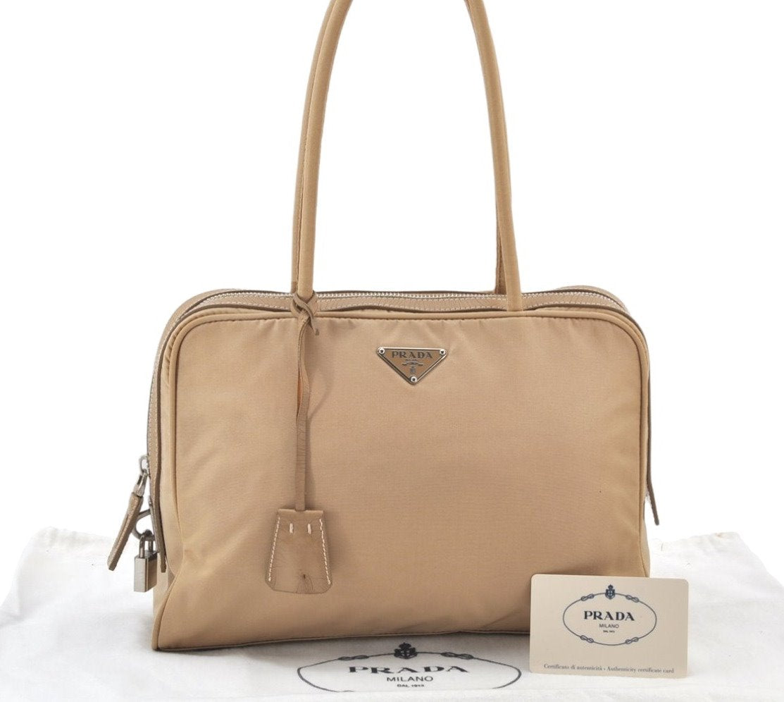 Authentic PRADA New Tessuto Spo Nylon Leather Hand Bag BR1186 Beige 3721K