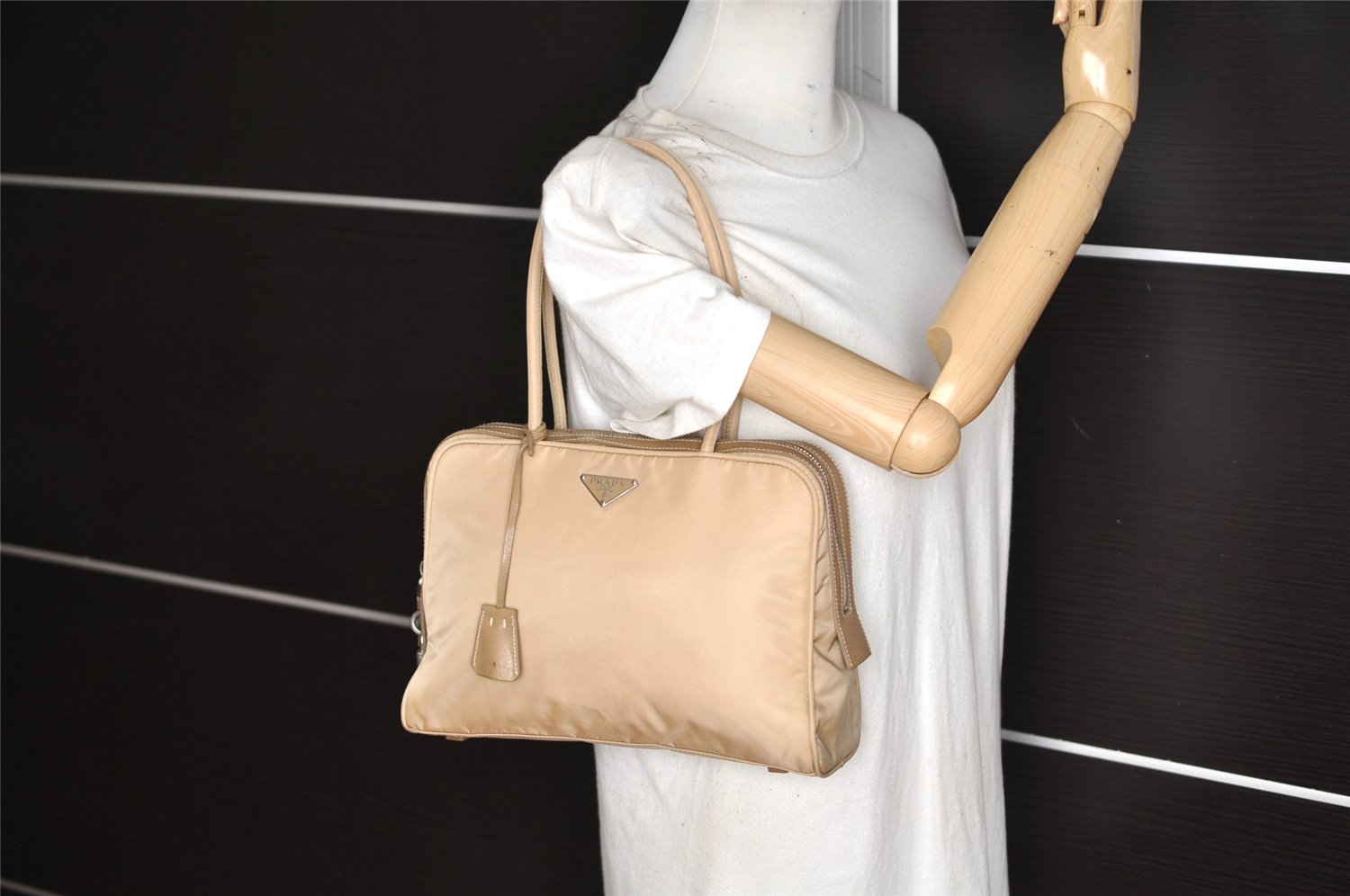 Authentic PRADA New Tessuto Spo Nylon Leather Hand Bag BR1186 Beige 3721K