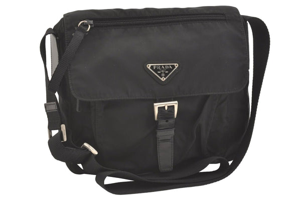 Authentic PRADA Nylon Tessuto Leather Shoulder Cross Body Bag Purse Black 3726J