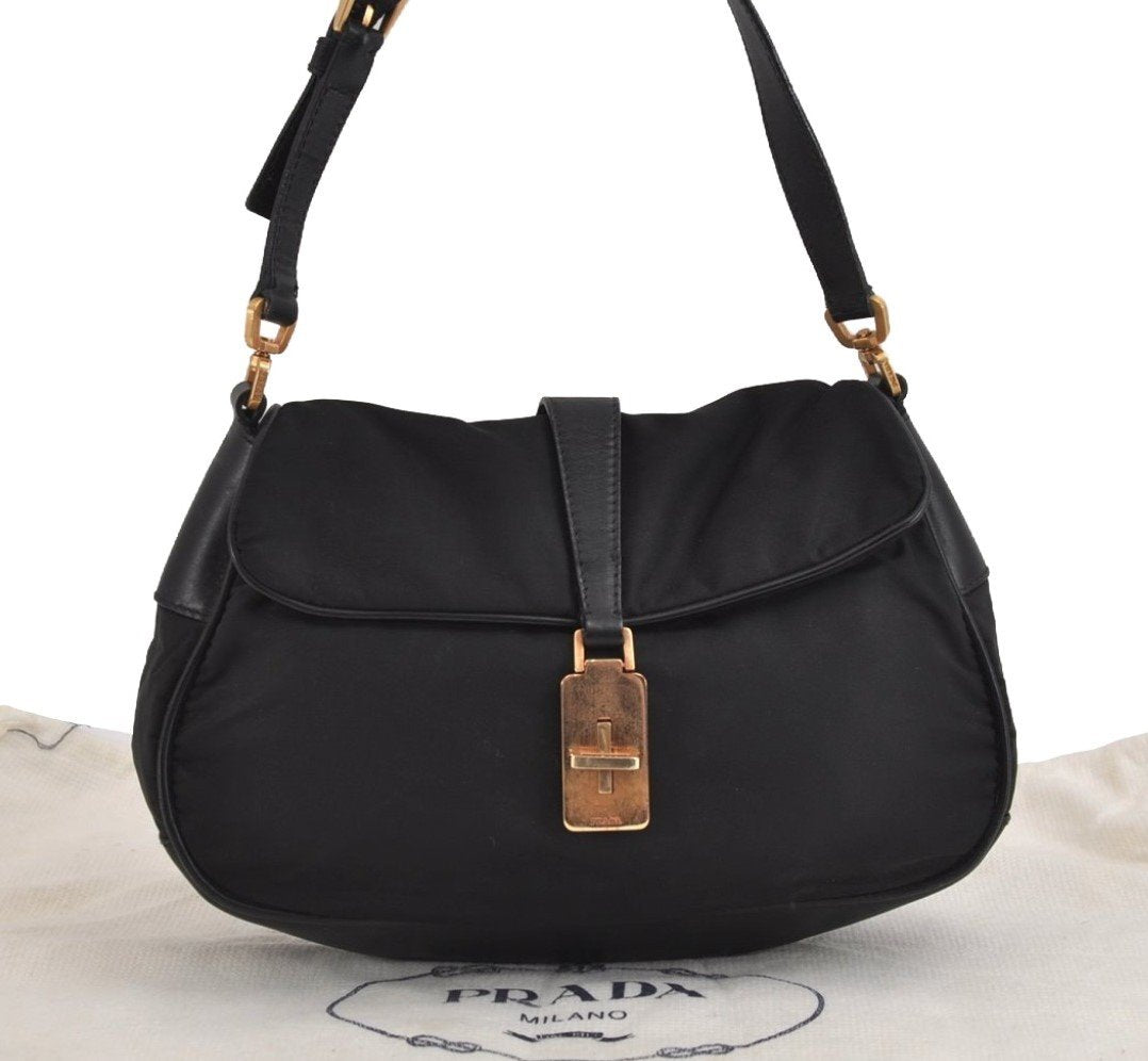 Authentic PRADA Nylon Tessuto Leather Shoulder Hand Bag Purse Black 3728J