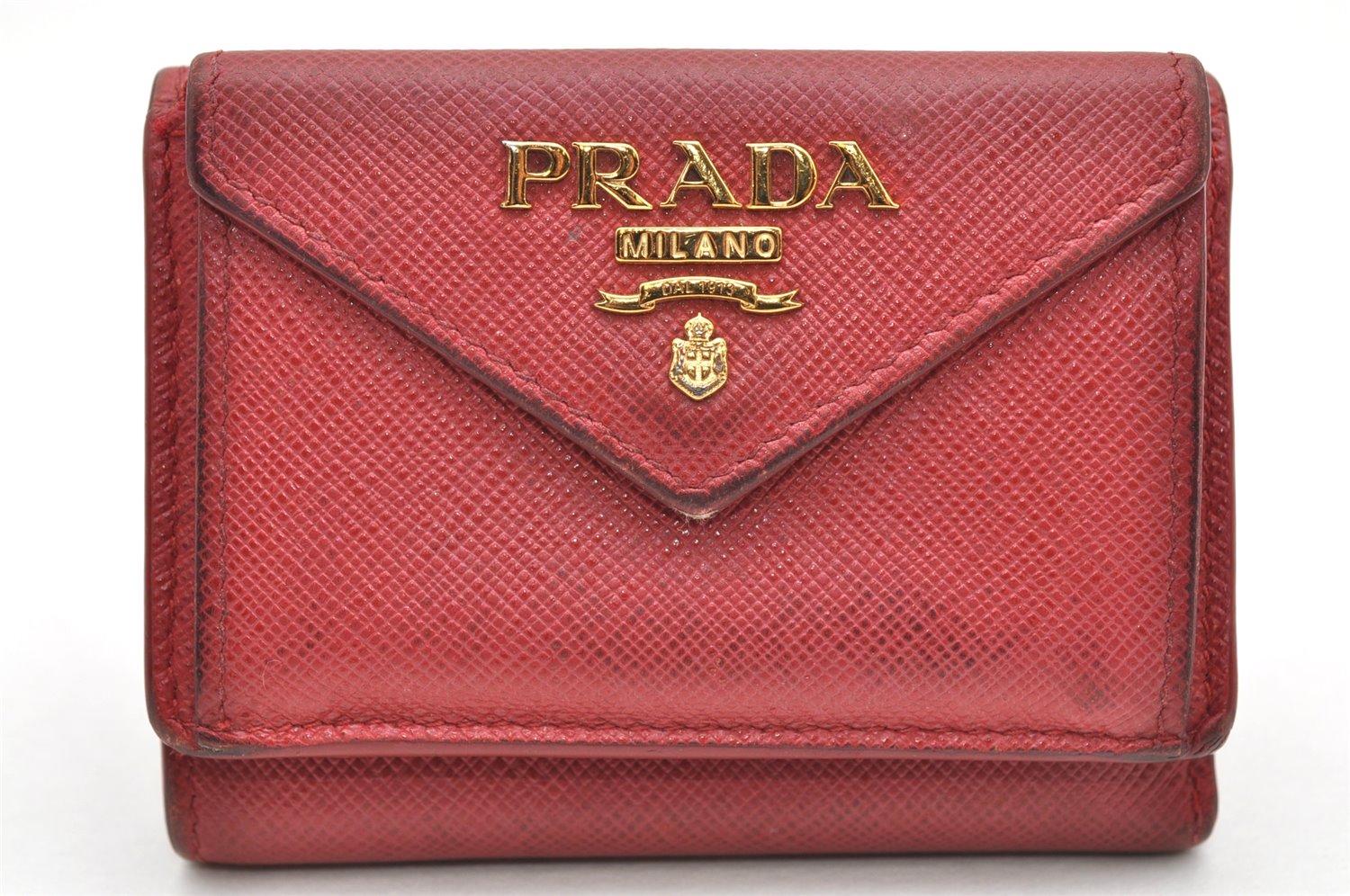 Authentic PRADA Vintage Saffiano Multic Leather Trifold Wallet Purse Red 3728K