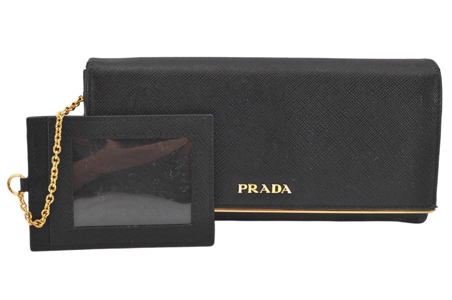 Authentic PRADA Saffiano Metal Bar Leather Long Wallet Purse Black 3730K