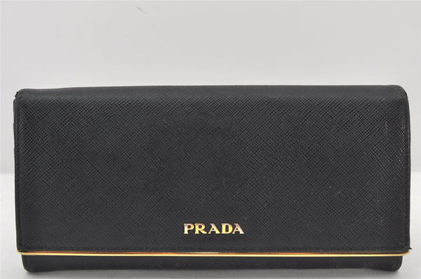 Authentic PRADA Saffiano Metal Bar Leather Long Wallet Purse Black 3730K